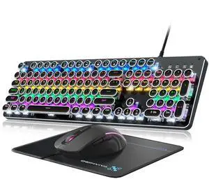 Typewriter Mechanical Gaming Keyboard and Mouse, Metal Panel Retro Keyboards with Round Keycap Blue Switch, Rainbow LED Backlit 104-Key Anti-Ghost Wired Mouse and Pad Combo for PC Laptop Mac Gamer Typewriter Mechanical Gaming Keyboard and Mouse, Metal Panel Retro Keyboards with Round Keycap Blue Switch, Rainbow LED Backlit 104-Key Anti-Ghost Wired Mouse and Pad Combo for PC Laptop Mac Gamer