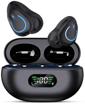 Comfort Clip On Earbuds, Bluetooth 6.1 Open Ear Bone Conduction Headphones, with Digital Display Charging Case Sport Earphones Built-in Mic Waterproof for Running Fitness Exercise, Inky Black Comfort Clip On Earbuds, Bluetooth 6.1 Open Ear Bone Conduction Headphones, with Digital Display Charging Case Sport Earphones Built-in Mic Waterproof for Running Fitness Exercise, Inky Black
