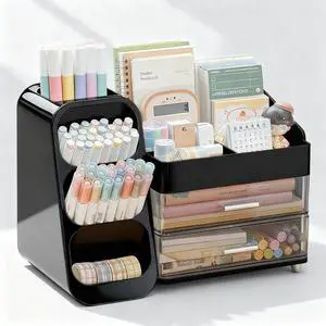 Desk Organizer with Pen Pencil Holder, Pen Organizer with 2 Drawers & 4 Compartments, Desktop Organizers and Storage for Office Home School Art Supplies (Black) Desk Organizer with Pen Pencil Holder, Pen Organizer with 2 Drawers & 4 Compartments, Desktop Organizers and Storage for Office Home School Art Supplies (Black)