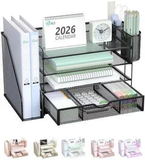 WALI Desk File Organizer, 4 Tier Desktop Paper Letter Tray Organizer with Drawer and 2 Pen Holders, Office Desk Accessories & Workspace Organizers for Office, Home Supplies(DO005DH-B), 1 Pack, Black WALI Desk File Organizer, 4 Tier Desktop Paper Letter Tray Organizer with Drawer and 2 Pen Holders, Office Desk Accessories & Workspace Organizers for Office, Home Supplies(DO005DH-B), 1 Pack, Black