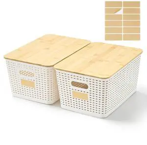 Bagnizer 2 Pack Tall Plastic Storage Bins with Bamboo Lids, 10.8qt Stackable Storages Baskets for Organizing Desktop Closet Playroom Classroom Office, 12"L x 8.3"W x 6.1"H, Cream White Bagnizer 2 Pack Tall Plastic Storage Bins with Bamboo Lids, 10.8qt Stackable Storages Baskets for Organizing Desktop Closet Playroom Classroom Office, 12"L x 8.3"W x 6.1"H, Cream White
