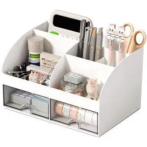 COMFYROOM Desk Organizer with 6 Compartments and 2 Drawers, Plastic Makeup Organizer, Pen Holder for Desktop Storage, Desk Organization for School, Home, Office Supplies (White) COMFYROOM Desk Organizer with 6 Compartments and 2 Drawers, Plastic Makeup Organizer, Pen Holder for Desktop Storage, Desk Organization for School, Home, Office Supplies (White)