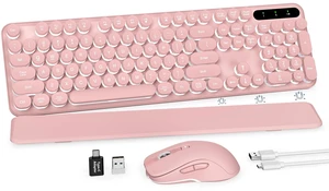 Wireless Keyboard and Mouse Combo, Round Backlit Keycaps, Retro Typewriter Keyboard with Detachable Wrist Rest, Rechargeable & Tilt Legs, 2.4GHz Cordless Connection for Windows/PC (Glowing Pink) Wireless Keyboard and Mouse Combo, Round Backlit Keycaps, Retro Typewriter Keyboard with Detachable Wrist Rest, Rechargeable & Tilt Legs, 2.4GHz Cordless Connection for Windows/PC (Glowing Pink)