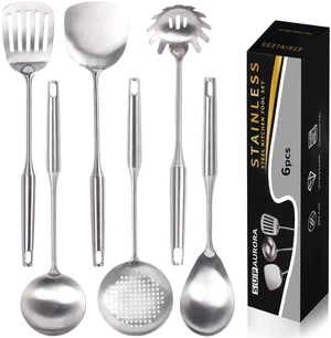Stainless Steel Kitchen Utensil Set, 6-Piece Cooking Tools with Slotted Spoon, Soup Ladle, Pasta Server, Serving Spoons, Spatula, Slotted Turner, Non-Toxic Easy to Clean, Large Size, Silver Stainless Steel Kitchen Utensil Set, 6-Piece Cooking Tools with Slotted Spoon, Soup Ladle, Pasta Server, Serving Spoons, Spatula, Slotted Turner, Non-Toxic Easy to Clean, Large Size, Silver