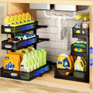 Under Sink Organizer 3 Tier, 2 Pack L-Shaped Pull-Out Cabinet Organizer with Sliding Metal Mesh Drawers, Height Adjustable Under Sink Storage Rack for Kitchen Bathroom Cabinet, Black Under Sink Organizer 3 Tier, 2 Pack L-Shaped Pull-Out Cabinet Organizer with Sliding Metal Mesh Drawers, Height Adjustable Under Sink Storage Rack for Kitchen Bathroom Cabinet, Black