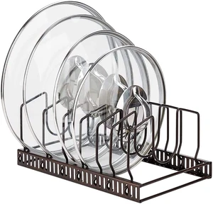 Toplife Pot Lids Organizer Rack for Cabinet and Countertop, 7+ Pan Lids and Bakeware Organizer Rack Holder with 7 Adjustable Compartments - Brown Toplife Pot Lids Organizer Rack for Cabinet and Countertop, 7+ Pan Lids and Bakeware Organizer Rack Holder with 7 Adjustable Compartments - Brown