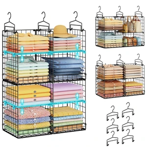 Hanging Closet Organizer with DIY Spacing, Double-Row Closet Hanging Shelves with 4 Adjustable Dividers & 6 Hooks, Heavy Duty Metal Closet Storage Organizer with Front Guard, Split into 2 Units Hanging Closet Organizer with DIY Spacing, Double-Row Closet Hanging Shelves with 4 Adjustable Dividers & 6 Hooks, Heavy Duty Metal Closet Storage Organizer with Front Guard, Split into 2 Units