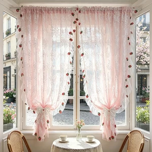 Romantic Pink Floral Lace Sheer Curtains with Strawberry Embroidery Ruffles Romantic Pink Floral Lace Sheer Curtains with Strawberry Embroidery Ruffles