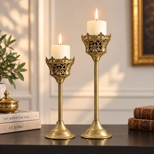 CROWSONG Tall Pillar Candle Holders Set of 2 Baroque Crown Design | Antique Gold Iron, 14.2" & 11.8" | Victorian Mantel & Centerpiece Décor (Candles Not Included) CROWSONG Tall Pillar Candle Holders Set of 2 Baroque Crown Design | Antique Gold Iron, 14.2" & 11.8" | Victorian Mantel & Centerpiece Décor (Candles Not Included)