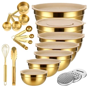 20 PCS Gold Mixing Bowls with Lids Set - 7 Mixing Bowls with 3 Graters, 8 Measuring Spoons, 1 Whisk, and 1 Food Tong, Nesting Bowl Set for Baking, Cooking, Meal Prep 20 PCS Gold Mixing Bowls with Lids Set - 7 Mixing Bowls with 3 Graters, 8 Measuring Spoons, 1 Whisk, and 1 Food Tong, Nesting Bowl Set for Baking, Cooking, Meal Prep