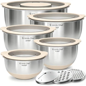 Mixing Bowles Set with Lids Set - Warp-Proof TPR-AS Lids, Stainless Steel Mixing Bowl with 3 Graters & Measuring Lines, Non-Slip Bowls for Baking, Prep, Airtight Food Storage (Khaki 5/3/2/1.5/0.63QT) Mixing Bowles Set with Lids Set - Warp-Proof TPR-AS Lids, Stainless Steel Mixing Bowl with 3 Graters & Measuring Lines, Non-Slip Bowls for Baking, Prep, Airtight Food Storage (Khaki 5/3/2/1.5/0.63QT)