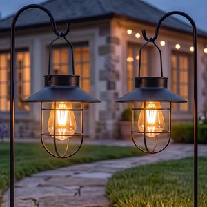 Solar Lantern with Shepherd's Hook Farmhouse-Style Outdoor Garden Lamps Solar Lantern with Shepherd's Hook Farmhouse-Style Outdoor Garden Lamps