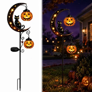 Solar Halloween Black Cat & Pumpkin Moon Garden Stake Light, Waterproof Outdoor Moon Light with Hanging Pumpkin Lantern, Outdoor Halloween Yard Decor for Garden, Patio, Lawn, Pathway (Style C) Solar Halloween Black Cat & Pumpkin Moon Garden Stake Light, Waterproof Outdoor Moon Light with Hanging Pumpkin Lantern, Outdoor Halloween Yard Decor for Garden, Patio, Lawn, Pathway (Style C)