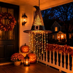 Hanging Witch Hats with Lights, Glowing Halloween Witch Hat with Cascading Hanging Witch Hats with Lights, Glowing Halloween Witch Hat with Cascading