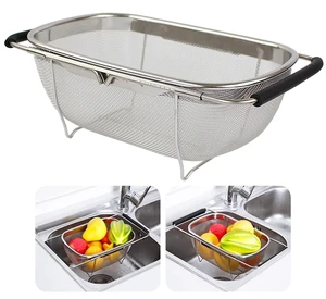 AJIODA Over The Sink Colander, 4 Quarts Stainless Steel Oval Colander with Expandable Rubber Grip Handle, Fine Mesh Strainer Baskets Kitchen Colanders for Strain, Drain, Rinse Vegetable, Fruits, Black AJIODA Over The Sink Colander, 4 Quarts Stainless Steel Oval Colander with Expandable Rubber Grip Handle, Fine Mesh Strainer Baskets Kitchen Colanders for Strain, Drain, Rinse Vegetable, Fruits, Black