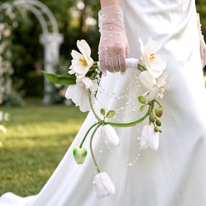 Hotop White Artificial Tulip Bridal Bouquet Pearl Handle with Beaded Luxury Handmade Wedding Bouquet for Party, Church, Bride, Bridesmaid, Photo Prop and Keepsake Gift Hotop White Artificial Tulip Bridal Bouquet Pearl Handle with Beaded Luxury Handmade Wedding Bouquet for Party, Church, Bride, Bridesmaid, Photo Prop and Keepsake Gift