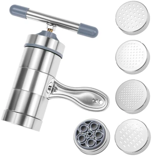 QWORK Stainless Steel Noodle Maker, Manual Pasta Machine with 5 Noodle Moulds, Pasta Press Noodle Machine QWORK Stainless Steel Noodle Maker, Manual Pasta Machine with 5 Noodle Moulds, Pasta Press Noodle Machine