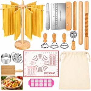 17 Pcs Pasta Making Tool Set includes Pasta Drying Rack, Rolling Pin, Tablecloth, Dumpling Mold Cutter, and other Accessories For both Home Use and Beginner-level Pasta-making. 17 Pcs Pasta Making Tool Set includes Pasta Drying Rack, Rolling Pin, Tablecloth, Dumpling Mold Cutter, and other Accessories For both Home Use and Beginner-level Pasta-making.