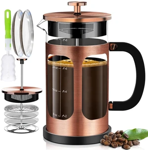 YMMIND French Press Coffee Maker (34oz 1Quart 5-6Cup) Coffee Press, with 4 Filters System, Heat Resistant Thickness Borosilicate Glass, Cold Brew Coffee Tea Pot Gifts (Copper) YMMIND French Press Coffee Maker (34oz 1Quart 5-6Cup) Coffee Press, with 4 Filters System, Heat Resistant Thickness Borosilicate Glass, Cold Brew Coffee Tea Pot Gifts (Copper)