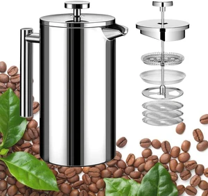 Small French Press Stainless Steel Coffee Maker 21oz(3 Cups), Double Wall Insulated for Hot& Cold Brew, Compact Coffee& Tea Press for Camping, Office, Travel with 3 Ultra-Fine Filters & Spoon- Silver Small French Press Stainless Steel Coffee Maker 21oz(3 Cups), Double Wall Insulated for Hot& Cold Brew, Compact Coffee& Tea Press for Camping, Office, Travel with 3 Ultra-Fine Filters & Spoon- Silver