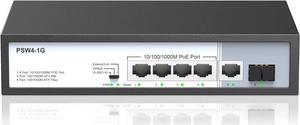 4 Port Full Gigabit PoE Switch with Fiber Unmanaged, 5 Gigabit PoE+ Ports with 1 Gigabit Uplink Port, Total Power Budget 65W, 803.af/at Compliant, Rugged Metal Case, Work with IP Cameras VOIP Phones