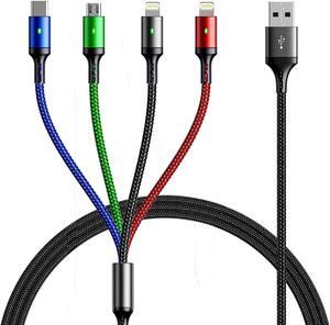 Multi Charging Cable 4A, [5Ft/ 2Pack] Multiple Charger Cord 4 in 1 Braided Fast Charging Cord Charger Cable USB Adapter with IP/Type C/Micro Port for Cell Phones/iPhone/Samsung/PS & More