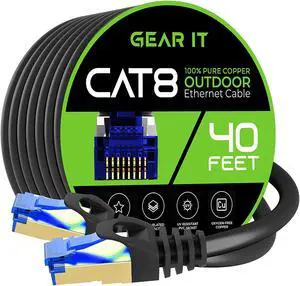 GearIT Cat8 Outdoor Ethernet Cable (40 Feet) Waterproof, Direct Burial, In-Ground, LLDPE UV Jacket, Pure Copper, 26AWG, 40Gbps 2000Mhz SFTP Patch Cord, POE, Network, Internet, Cat 8 Cable - 40ft
