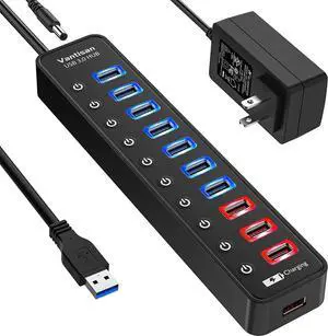 Powered USB 3.0 hub, 11-Port USB Hub Splitter Extension 7 USB 3.0 Data Ports + 4 Smart Charging Ports with Individual LED On/Off Switches and 12V/3A Power Adapter for USB Devices.