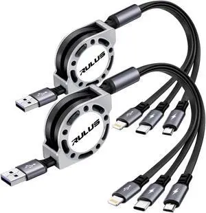 Retractable Multi Charging Cable[2Pack 4Ft] 3 in 1 Multi USB Cable Fast Charging Cord with Lightning/Type C/Micro USB Ports for Cell Phones iPhone  Galaxy PS4 PS5 Tablets & More