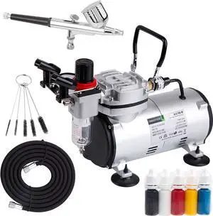 Airbrush Kit With Compressor AS18-2K Basic Start Kit With Air Hose, Cleaning Brushes, and Test Paints for Hobby, Body Tattoo, Model painting, Automotive Graphic, Make-up