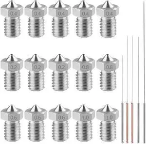AFUNTA 15 PCS M6 3D Printer Stainless Steel Nozzles Print Heads Extruder Compatible 1.75mm Makerbot & ANET A8, 5 Sizes (0.2/0.4/0.6/0.8/1.0mm) + 5 Sizes Cleaning Needles, Welcome to consult