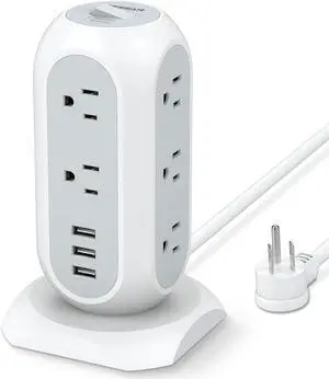 Tower Power Strip with 11 Outlets 3 USB Chargers Surge Protector Tower 1875W/15A 6 Feet Extension Cord with Multiple Outlets Flat Plug Office Supplies Desk Accessories Dorm Essentials