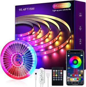 16ft/5M Led Strip Lights Controller and Bluetooth APP Controlled Rope Lighting for Bedroom Home Decoration Music Sync Color Changing RGB LED Lights with Remote Indoor