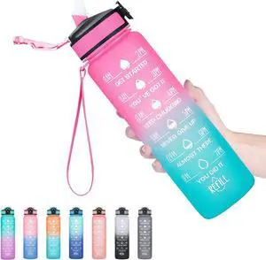 Hyeta Water Bottle with Straw & Time Marker, Plastic 32oz Leakproof | Motivational Tritan BPA Free Gym Office Outdoor Intake Tracker Hourly Reminder Straw Lid Carry Strap Hyeta Water Bottle with Straw & Time Marker, Plastic 32oz Leakproof | Motivational Tritan BPA Free Gym Office Outdoor Intake Tracker Hourly Reminder Straw Lid Carry Strap