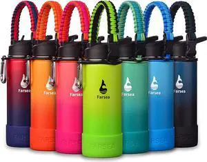 Farsea Insulated Water Bottle With Paracord Handle, Protective Silicone Boot and 2 Lids (Straw Lid & Spout Lid), Stainless Steel Water Bottle Wide Mouth, Double Wall Sweat-Proof BPA-Free, 18 oz