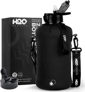 H2O Capsule 2.2L Half Gallon Water Bottle with Storage Sleeve and Covered Straw Lid  BPA Free Large Reusable Drink Container with Handle - Big Sports Jug, 2.2 Liter (74 Ounce)