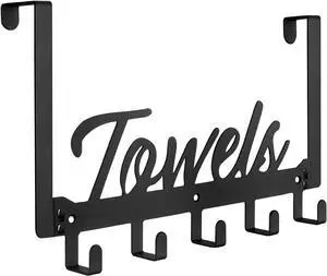 Over The Door Hooks Towel Rack Towel Hooks for Bathroom Towel Holder for Hanging Heavy Duty Door Rack Over Door Hanger with 5 Coat Hooks for Bedroom Bathroom Kitchen Black