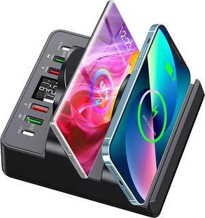 Wireless Charging Station with 6 USB Ports, 8 in 1 15W Dual Wireless Charger Station, 2 QC/2 PD USB Fast Charging Station, 80W Phone Charger for iPhone14/13/12/11/X//Android/iWatch