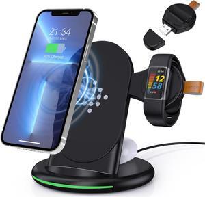 3 in 1 Wireless Charger for Fitbit Charge 6/5/Fitbit Luxe,Wireless Charging Station Compatible for iPhone 14/12 Pro Max/13/11/8, for  Galaxy S22+ S22, for AirPods Pro/3 (Black)