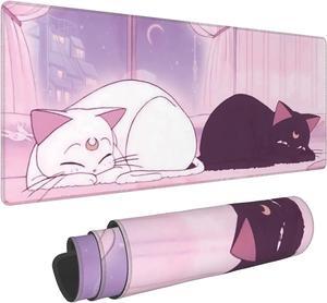 Pink Desk Pad Anime White Cat Black Cat Gaming Mouse Pad Large Desk Office Decor Exclusive Beautiful Girls Mouse Pad for Women Desktop with Stitched Edges Non-Slip Rubber Computer Mat
