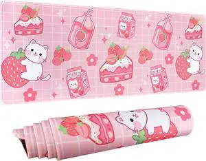 Kawaii Gaming Mouse Pad, Extended Large Cat Strawberry Milk, Pink, 31.5 X 11.8 Inch
