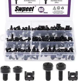 Swpeet 80Packs 4 Sizes M5 M6 Black Computer Mount Cage Nuts and Screws with Metal & Plastic Washers Assortment Kit, Square Hole Hardware Cage Nuts & Mounting Screws Washers, Welcome to consult