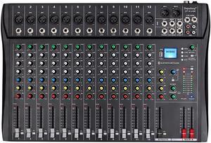 Depusheng DT12 Professional Audio Mixer 12 Channel DJ Interface mixer console with Bluetooth MP3 input XLR Microphone Jack 48V Power RCA Input Output and USB Drive for Computer Recording black