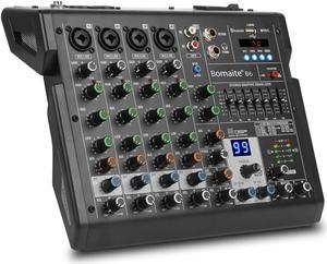6-Channel Mixer 99 Effects 7 Band EQ Bluetooth Studio Audio Mixer for PC Recording Input, XLR Microphone Jack, 48V Power, RCA Input/Output for Professional and Beginners-Bomaite B6, Black