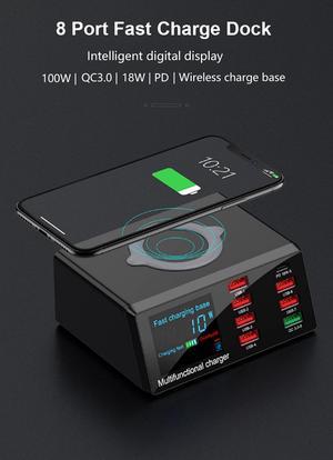 100W 8 Ports USB Charger Hub Quick Charge 3.0 Adapter Wireless Charger base PD Charging Station With Digital LCD Display
