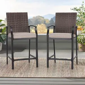 2 Pieces Metal Outdoor Bar Stools with Cushions for Patio, Garden, Yard, Poolside Rattan Seat Back