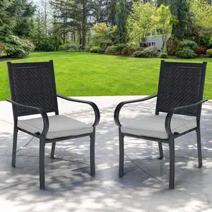 Patio Rattan Dining Chairs Metal Frame with Rattan Seat Armchairs with Cushions Set of 2