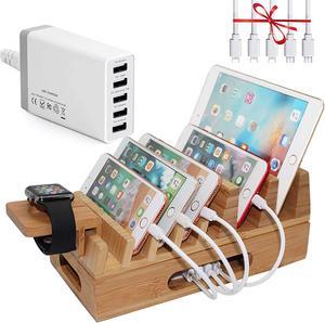 Pezin & Hulin Bamboo Charger Station for Multi Device with 5 Port USB Charging ,Desk Docking Stand for Smart Phone ,Tablet , iWatch Holder.(Includes Charger HUB ,5 Cables, Watch Stand.)