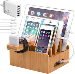 Pezin & Hulin Bamboo Charging Station, with Power Charger HUB ,5 Cables, Cell Phone Charging Stand for Multiple Devices, Phones, Tablets.(Includes 5 Port USB Charger,5 Cables , iWatch & AirPod Stand)