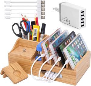 Pezin & Hulin Bamboo Charging Station, Charging Stand with Pen Holder and Storage Compartment, Wooden Desktop Docking for Mobile Phones, Tablets, (Includes 5 cables and Charger HUB, iWatch Stand)